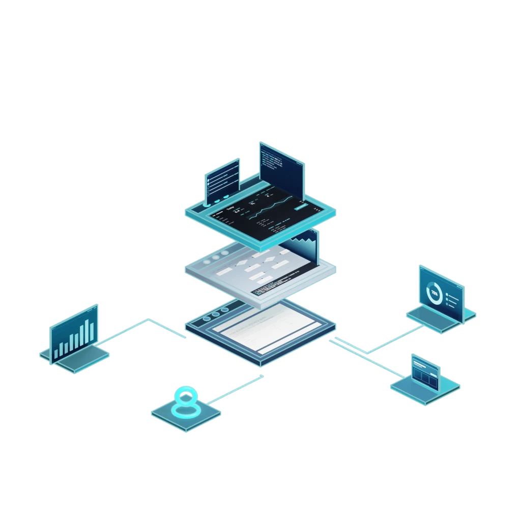 The Layer Logic mark: three panels separated, with the charts, code and screens they build around them