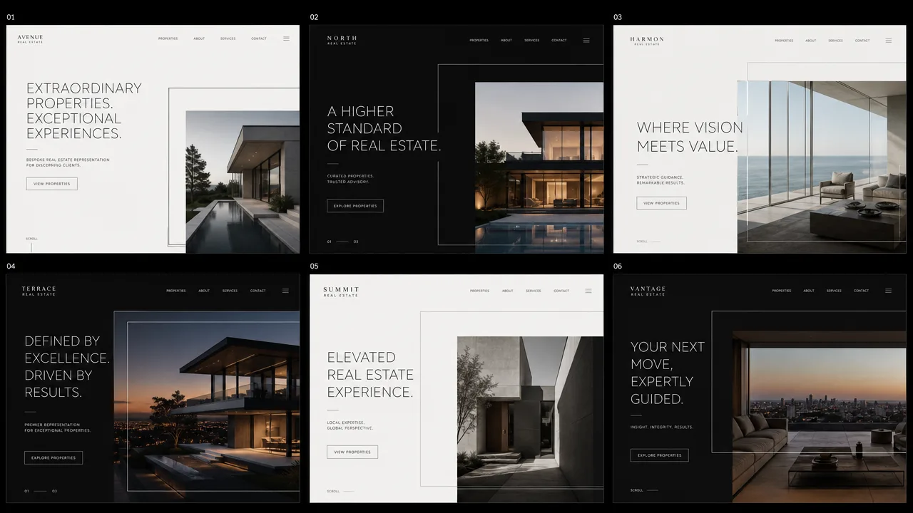 Six name and design directions for the real estate company: Avenue, North, Harbor, Terrace, Summit and Vantage