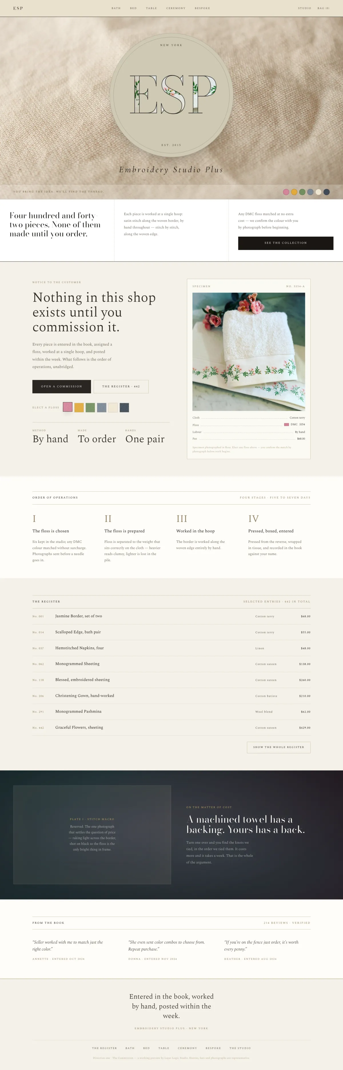 The Embroidery Studio Plus homepage on a desktop screen, from top to bottom