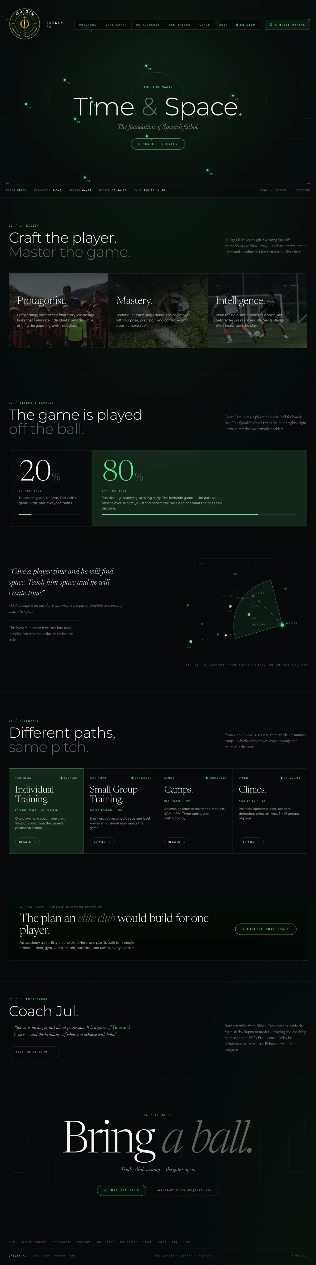 The Origin FC homepage on a desktop screen, from top to bottom