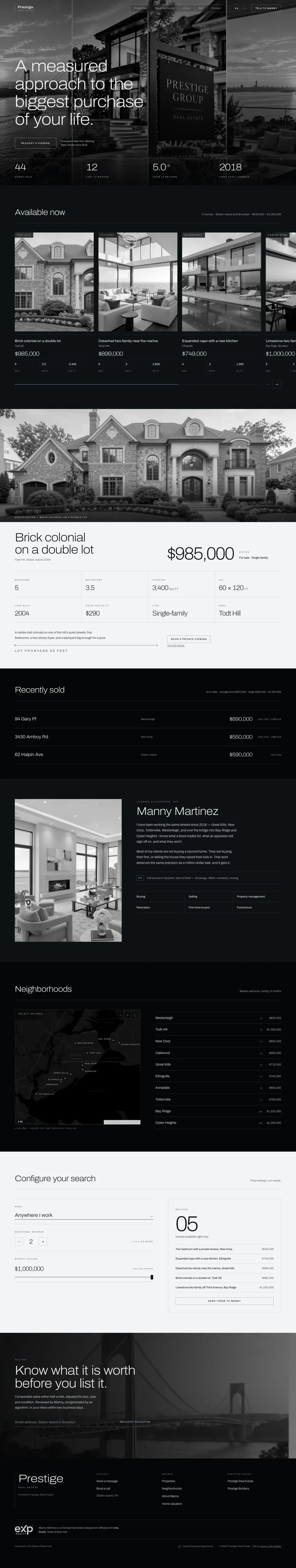 The Prestige Real Estate homepage on a desktop screen, from top to bottom